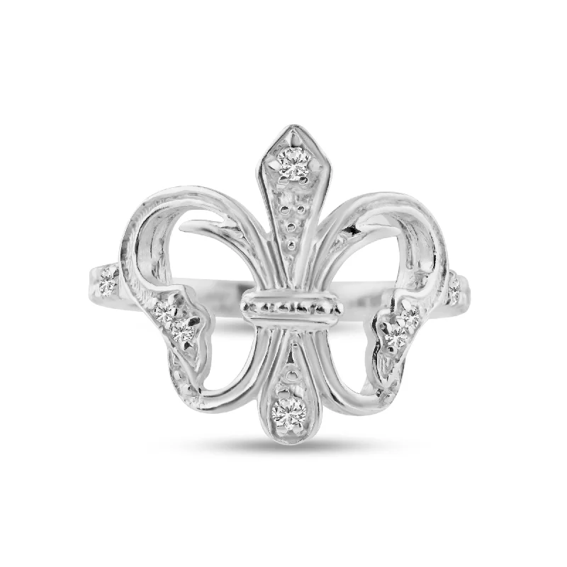 ladies ring holiday gift-Silver 925 Rhodium Plated CZ Fleur De Lis Ring - STR00529