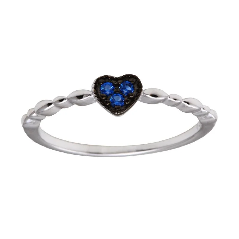 ladies ring custom-Rhodium Plated 925 Sterling Silver Heart 3 Blue CZ Ring - BGR01227BLU