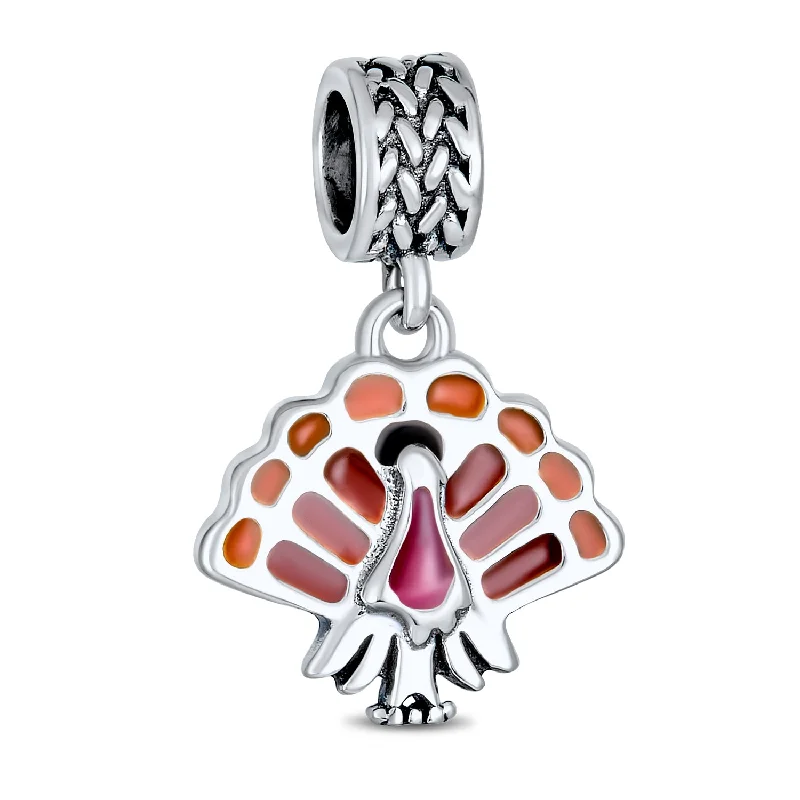 Ladies bracelets classic vintage looks-Thanksgiving Turkey Dangle Charm Bead Brown Enamel for European Bracelet Silver