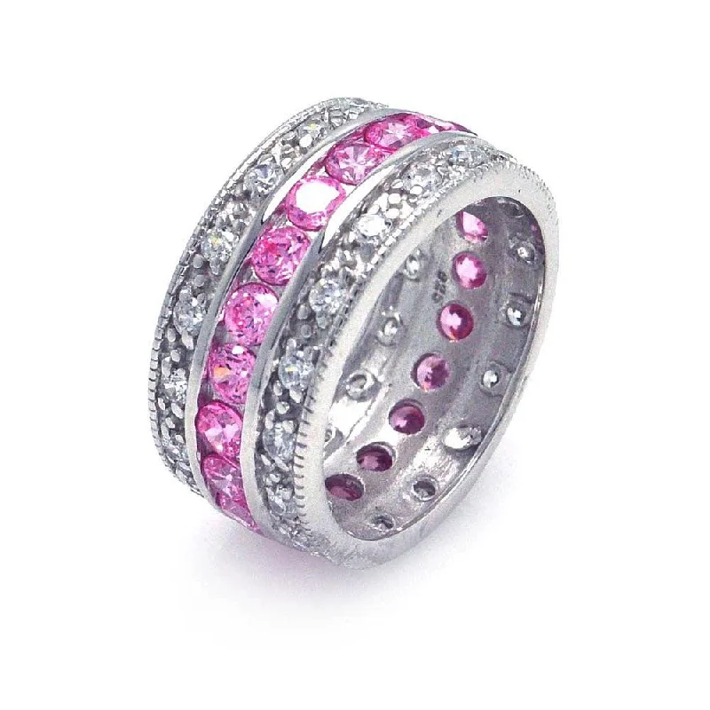 ladies ring under 50-Silver 925 Rhodium Plated Clear and Pink CZ Channel Eternity Ring - STR00508PNK