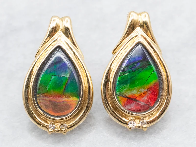 ladies earrings statement rose gold-Modern Ammolite and Diamond Gold Stud Earrings