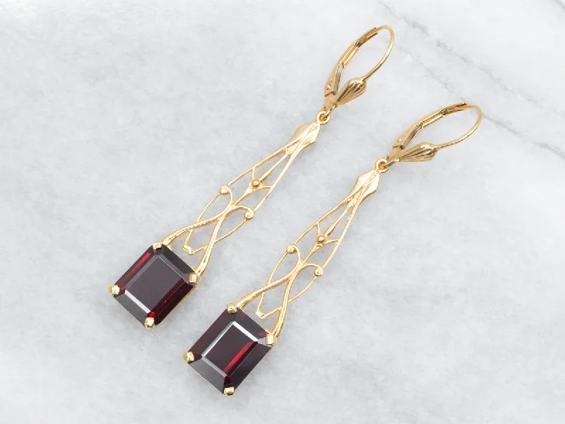 ladies earrings solitaire-Garnet Bar Drop Earrings