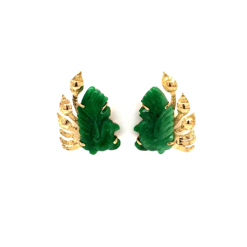 ladies earrings hammered-Estate Plumage Carved Jade Earrings in Yellow Gold