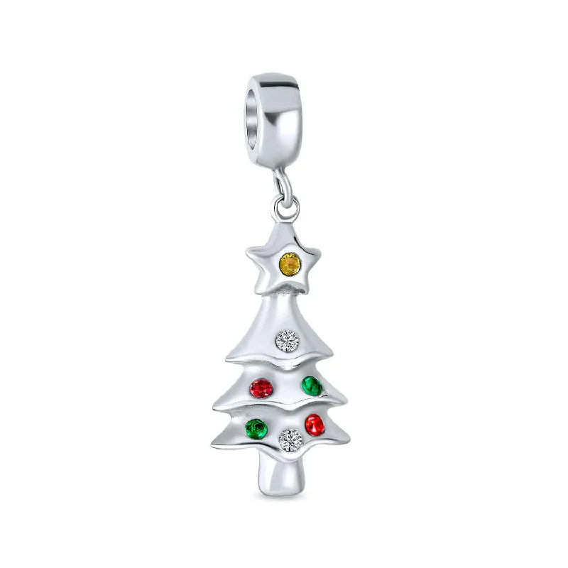 Ladies bracelets domed shape styles-Reversible Green Holiday Star Tree Dangle Charm Bead Crystal Enamel Silver Bracelet