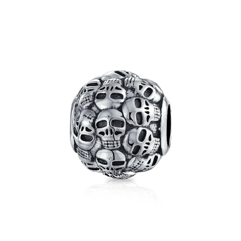 Ladies bracelets cute playful accents-Round Barrel Skeleton Skulls Charm Bead Sterling Silver for European Bracelet