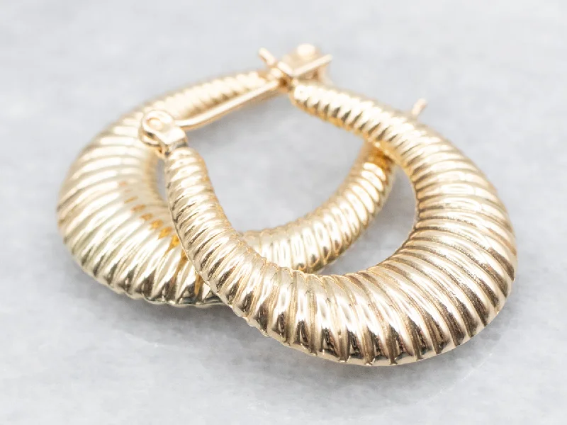 ladies earrings summer silver-Vintage Ribbed Yellow Gold Hoop Earrings