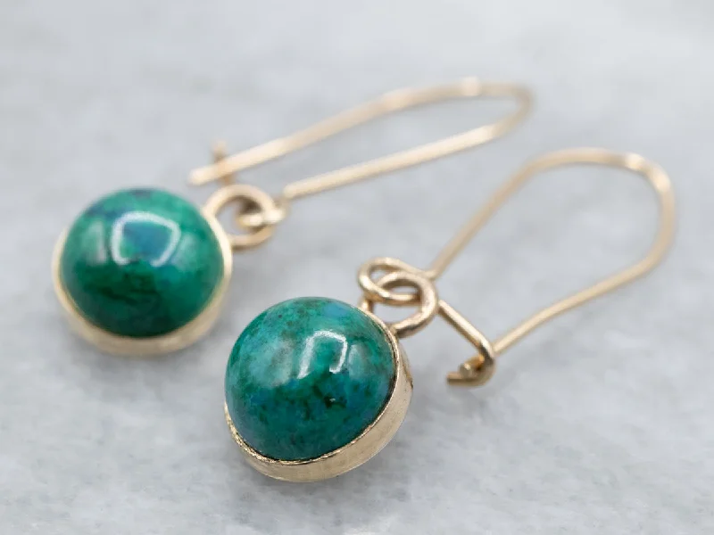 ladies earrings square-Yellow Gold Chrysocolla Drop Earrings