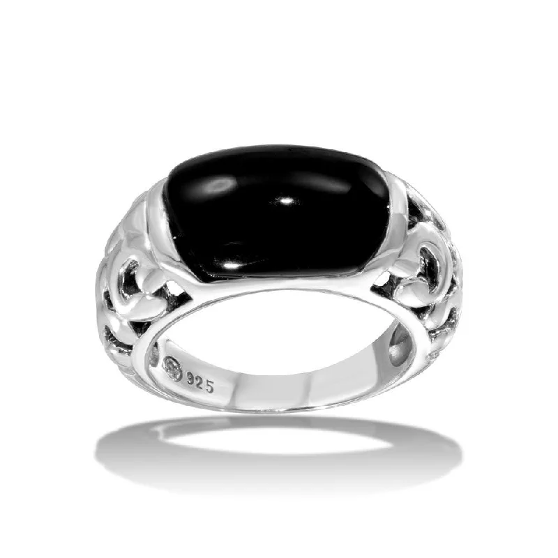 ladies ring statement-High Polished 925 Sterling Silver Black Stone Ring - CR00719