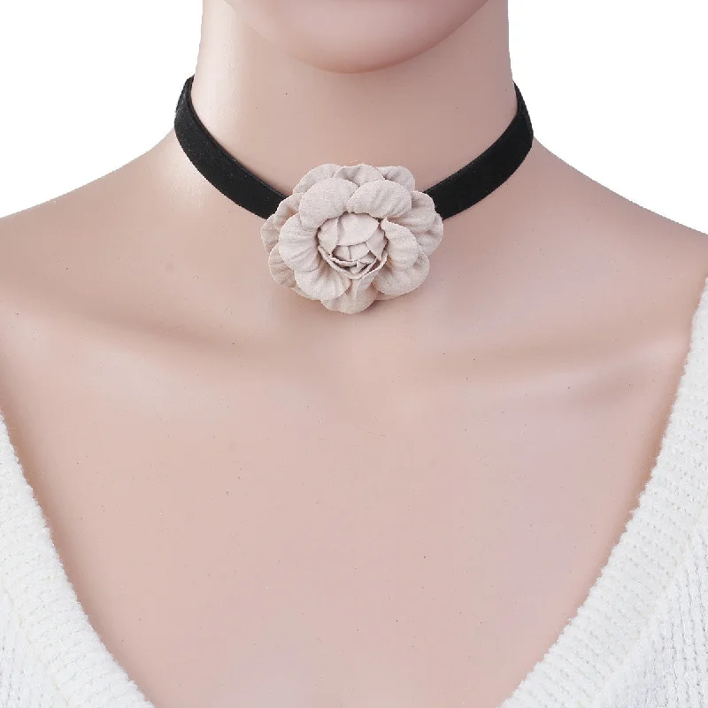 Ladies necklaces salt-and-pepper designs-Sexy Sparkles New Style Black Choker Necklace with Peachy Beige Flower