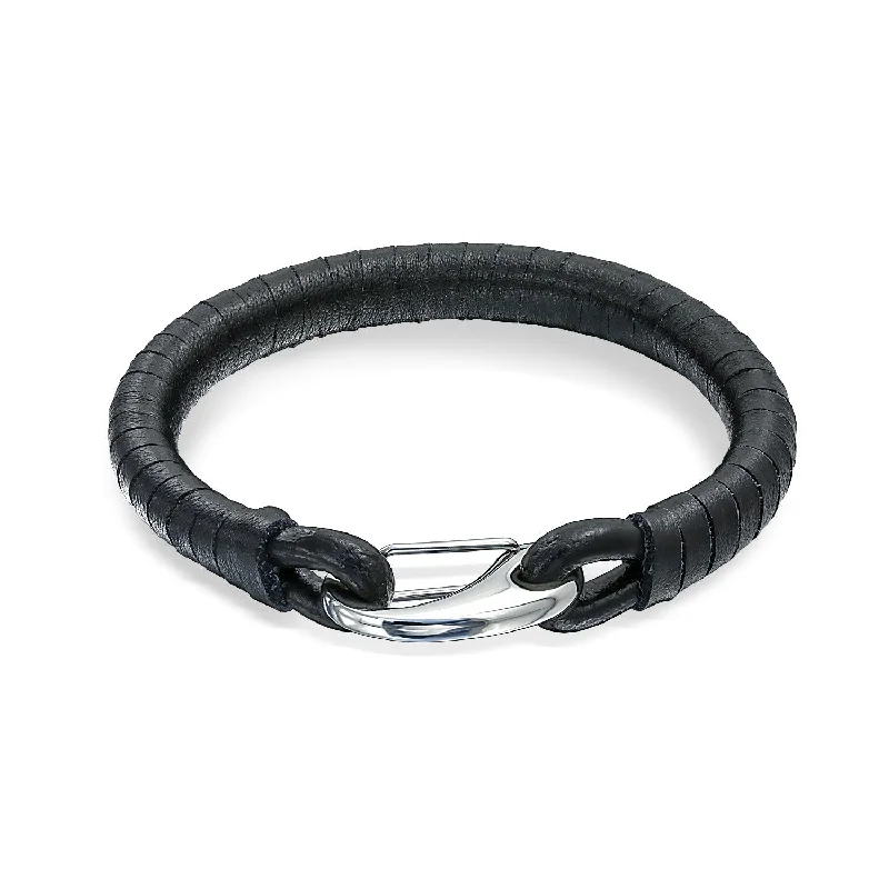 Ladies bracelets low maintenance styles-Unisex Black Woven Leather Cuff Bracelet with Large Stainless Hook Clasp