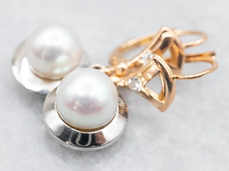 ladies earrings white gold finish-Mixed Metal Saltwater Pearl and Diamond Drop Earrings