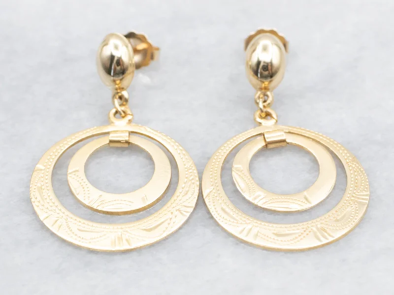 ladies earrings crescent-Etched Gold Circle Drop Earrings