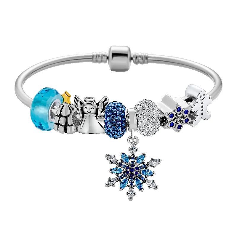 Ladies bracelets mixed metal finishes-Elegant Blue Ice Snowflake Charm Bracelet with Crystal Beads and Silver Clasp