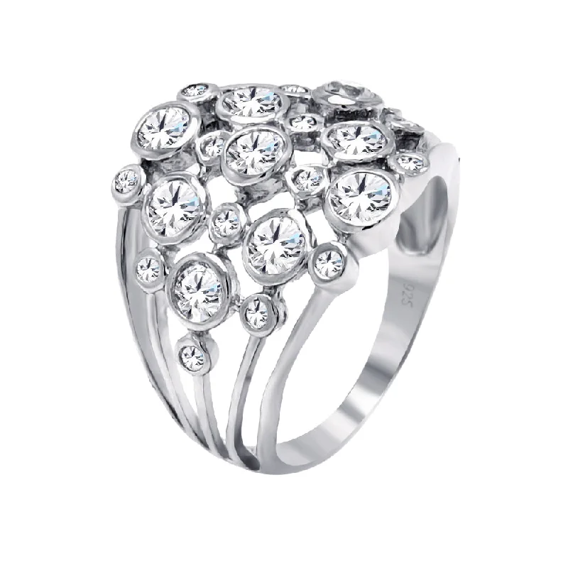 ladies ring classic silver-Silver 925 Rhodium Plated Multi Shaped Clear CZ Cigar Band Ring - BGR00383