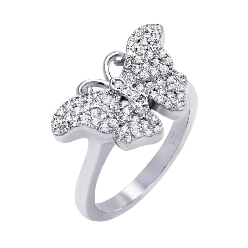 ladies ring boho silver-Silver 925 Rhodium Plated Micro Pave CZ Butterfly Ring - ACR00050