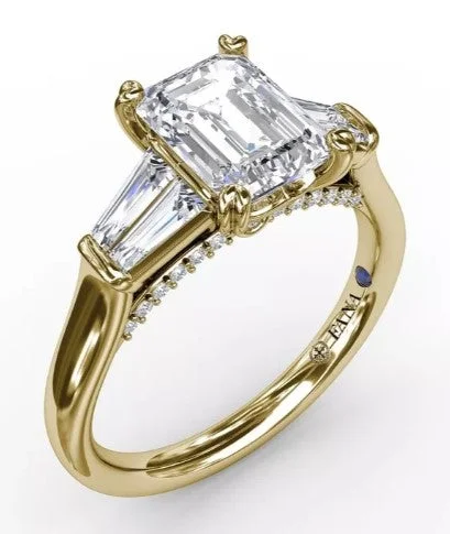 ladies engagement ring pave-Emerald-Cut Diamond Engagement Ring With Tapered Baguette Side Stones