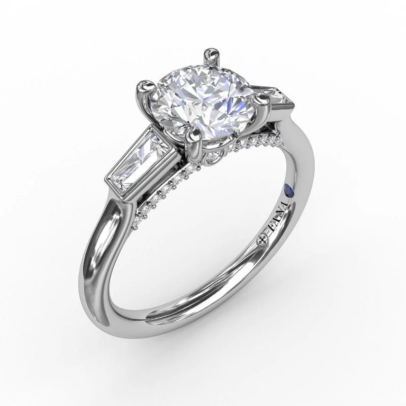 ladies engagement ring trendy white gold-Three-Stone Round Diamond Engagement Ring With Tapered Baguettes