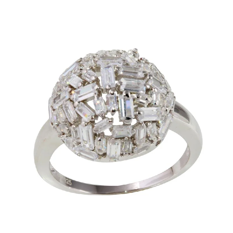 ladies ring hammered finish-Rhodium Plated 925 Sterling Silver Half Sphere Ring with Rectangle CZ - STR01070