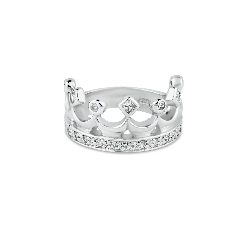 ladies ring minimalist gold-Silver 925 Rhodium Plated Clear CZ Crown Ring - BGR00002