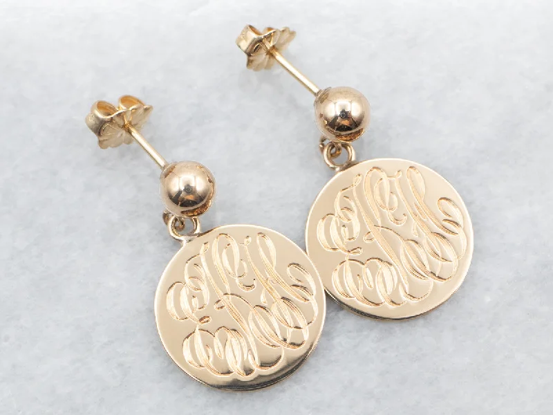 ladies earrings silver-Yellow Gold "EKH" Monogrammed Disc Drop Earrings