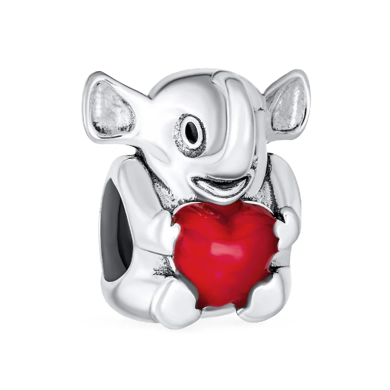 Ladies bracelets casual everyday wear-Red Heart Elephant Charm Bead in Sterling Silver for European Bracelets