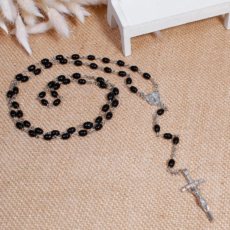 Ladies necklaces organic shape designs-SEXY SPARKLES Christian/Catholic Jesus Religious Prayer Rosary Beads Y Shaped Lariat Black Color Necklace