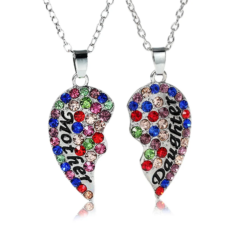 Ladies necklaces radiant cut necklaces-Necklace Long Link Cable Chain Broken Heart Message " Mother & Daughter " Pendants Multi Color Rhinestone