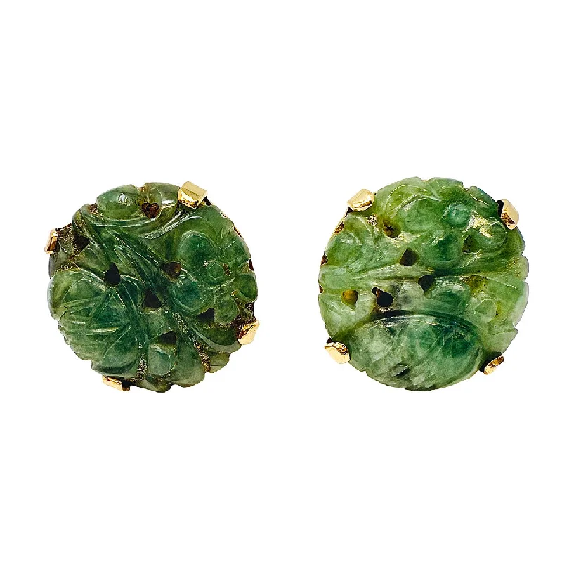 ladies earrings limited edition-14K Gold Stud Earrings with Carved Jade