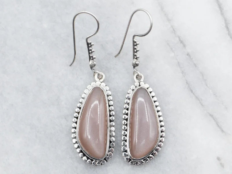 ladies earrings geometric rose gold-Sterling Silver Moonstone Drop Earrings with Beaded Edge