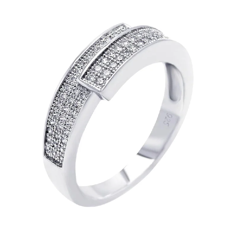 ladies ring bold designs-Silver 925 Rhodium Plated Micro Pave CZ Overlap Ring - ACR00035