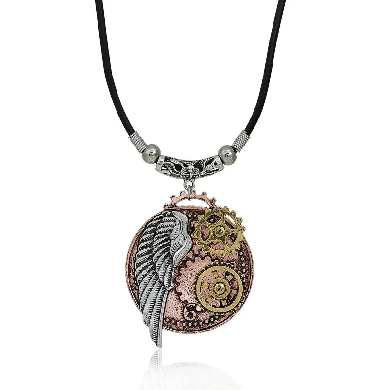 Ladies necklaces group custom designs-SEXY SPARKLES steampunk necklaces Black Cord Chain Multicolor Round Wing Gear Pendant for women