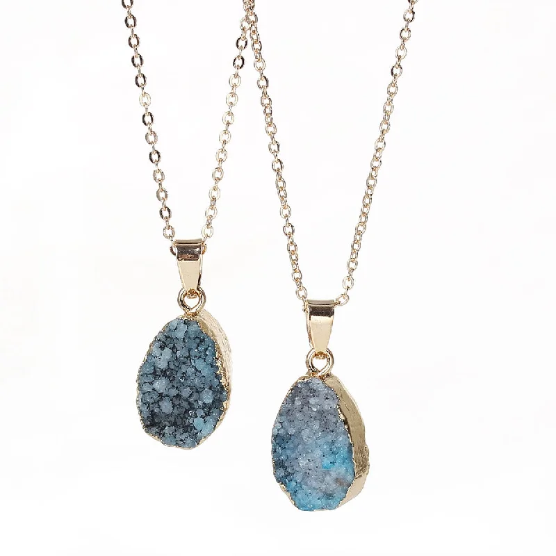 Ladies necklaces turquoise detail necklaces-SEXY SPARKLES Natural Stone Druzy Drusy Necklace Pendant Link Cable Chain Peacock Blue Drop