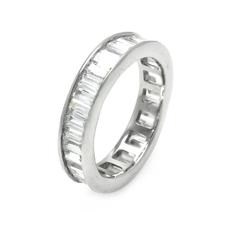 ladies ring luxury gold-Clearance-Silver 925 Rhodium Plated Channel Set Baguette CZ Stackable Eternity Ring - STR00124CLR