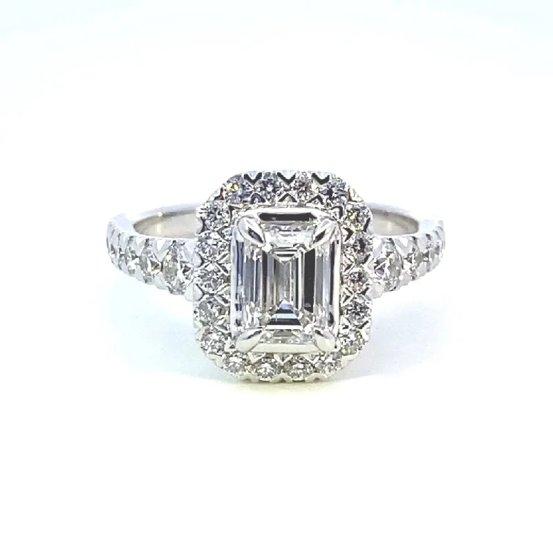 ladies engagement ring with names-14K White Gold 1.76ctw Emerald Cut Lab Diamond Halo Engagement Ring