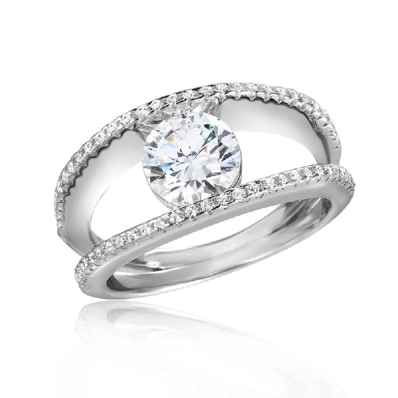 ladies ring vibrant stones-Silver 925 Rhodium 2 Row CZ Band with A 7mm Center Stone Ring - STR01046