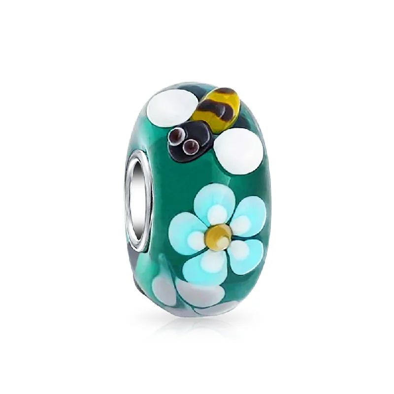 Ladies bracelets heavy statement pieces-Teal Silver Bee Flower Murano Glass Charm Bead for European Bracelets