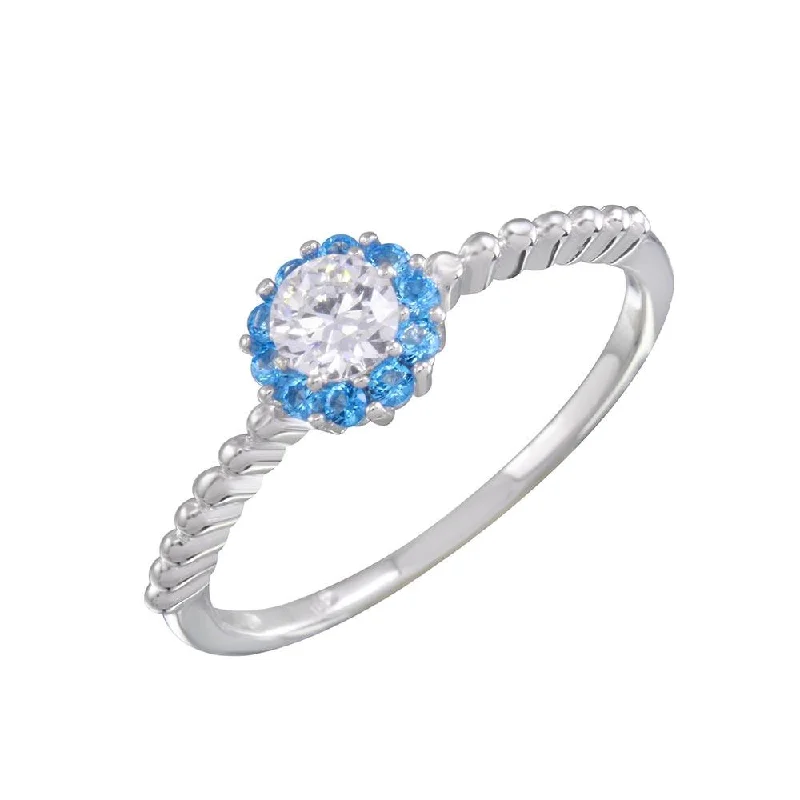 ladies ring lab-grown stones-Rhodium Plated 925 Sterling Silver Round Blue and Clear CZ Ring - BGR01155