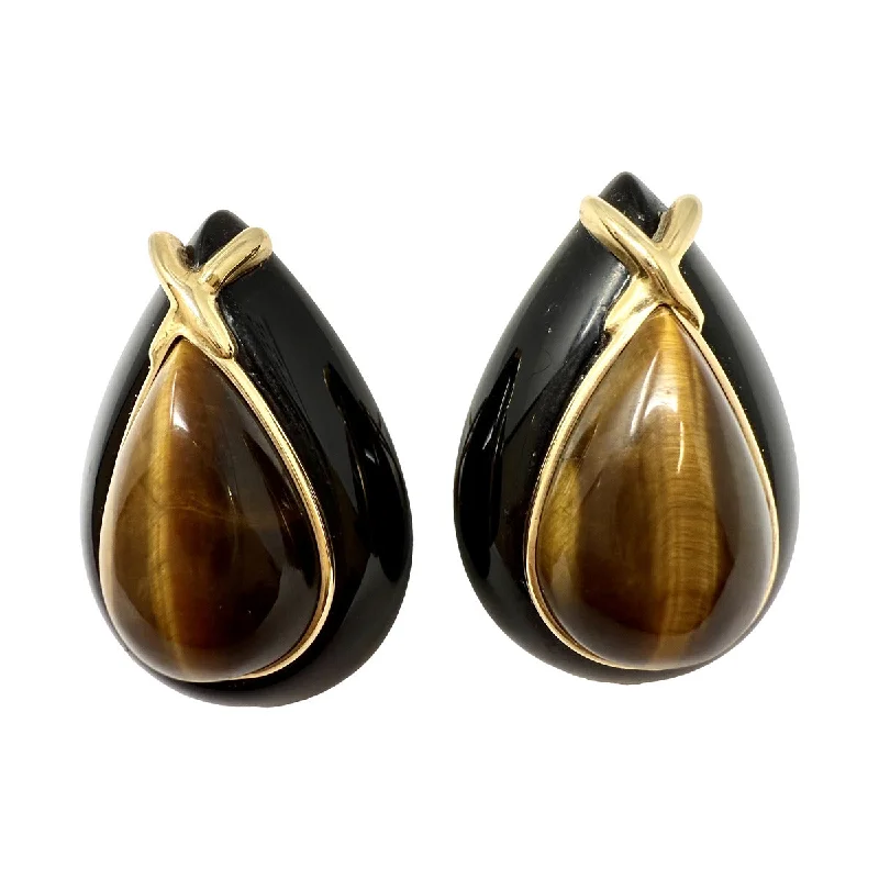 ladies earrings holiday silver-Teardrop Shaped Onyx Earrings with Tiger Eye and 14K Gold Accent