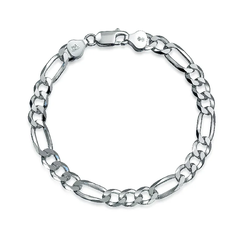 Ladies bracelets textured band designs-Men's  Sterling Silver Figaro Chain Link Bracelet Heavy 180 Gauge Nickel-Free Italy