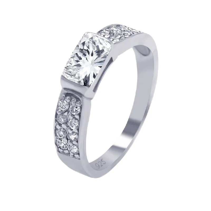 ladies ring brushed silver-Silver 925 Rhodium Plated Clear Rectangular Center Pave CZ Ring - AAR0002CLR