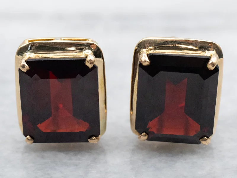 ladies earrings asymmetrical silver-Bold Emerald Cut Garnet Stud Earrings