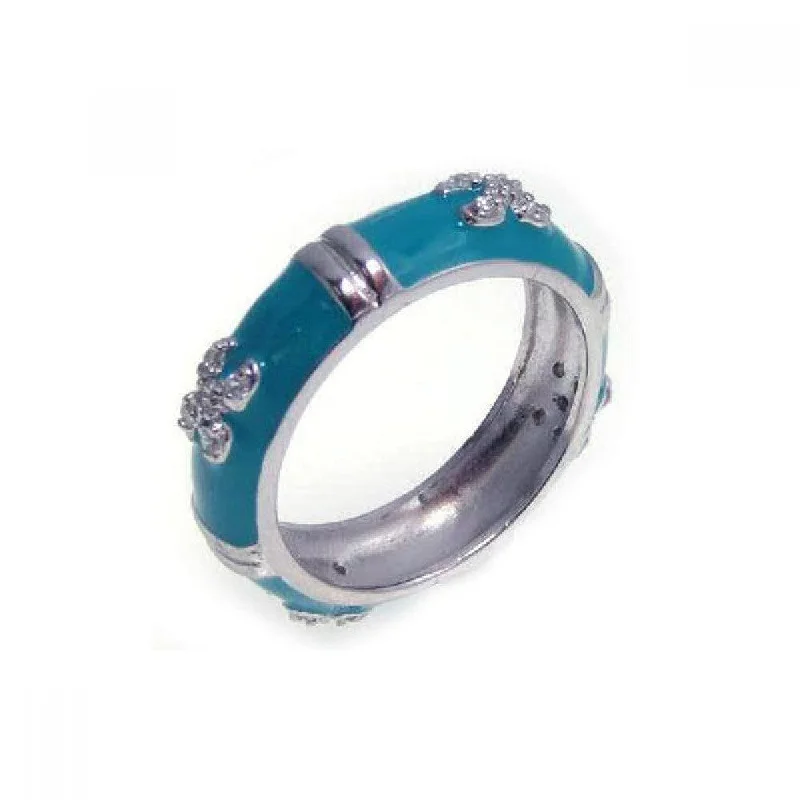 ladies ring spring gold-Silver 925 Rhodium Plated Aqua Enamel CZ Eternity Ring - STR00541