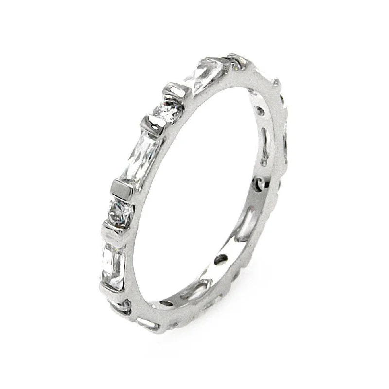 ladies ring matte silver-Silver 925 Rhodium Plated Clear Round and Baguette CZ Stackable Eternity Ring - BGR00556