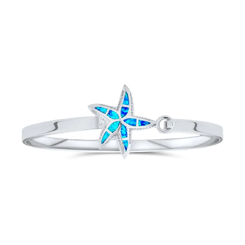 Ladies bracelets shiny gold designs-Nautical Starfish Blue Opal Bangle Bracelet in Polished Sterling Silver