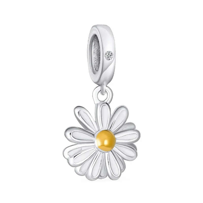 Ladies bracelets signature piece designs-White Sunflower Daisy Charm Bead 14K Gold Plated Sterling Silver for Bracelets