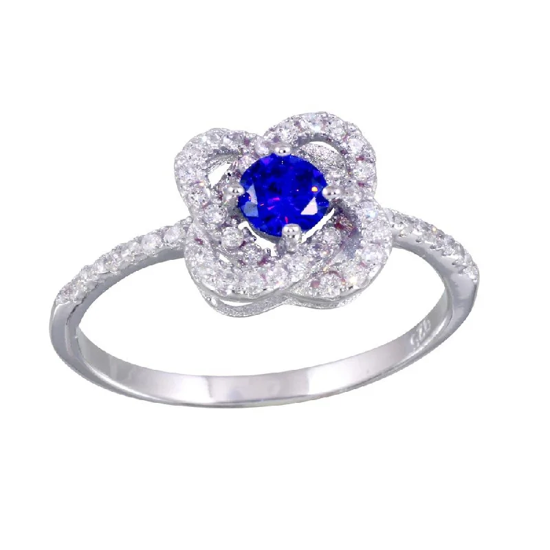 ladies ring for sister-Rhodium Plated 925 Sterling Silver CZ Knot Blue Center Stone Ring - BGR01141BLU