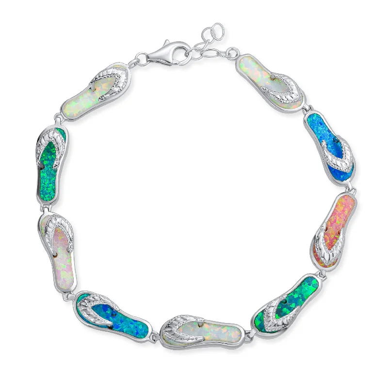 Ladies bracelets custom engraving options-Tropical Beach Multi-Color Flip Flop Strand Bracelet with Created Opal in Silver