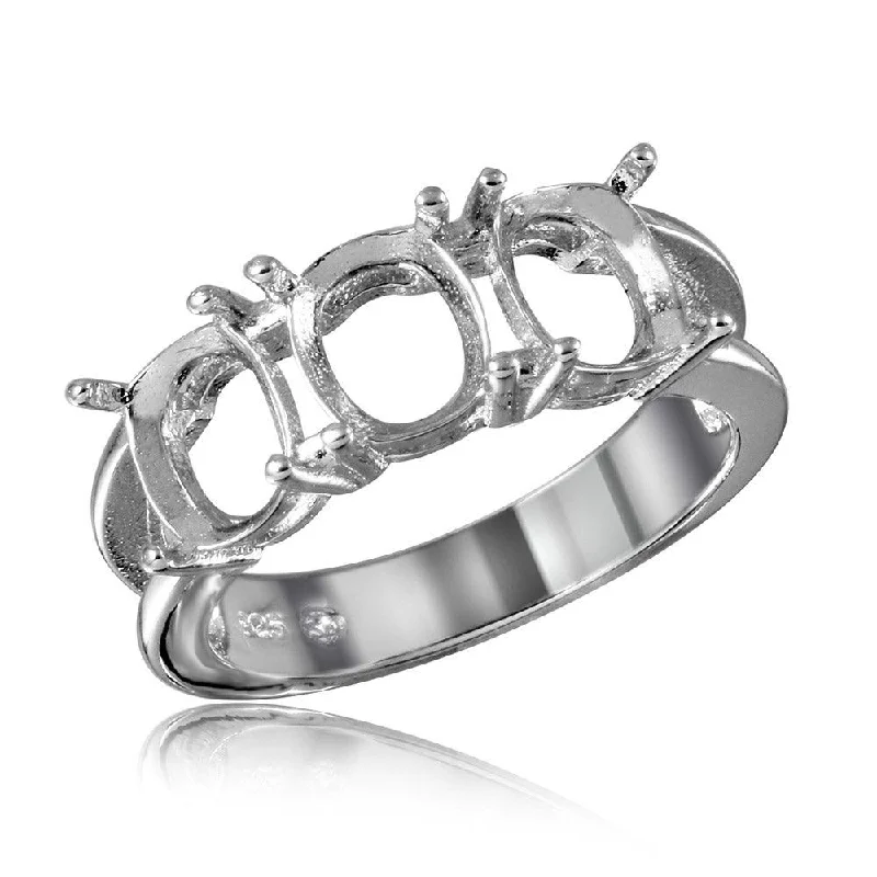 ladies ring with initials-Silver 925 Rhodium Plated Open Shank 3 Stones Mounting Ring - BGR01197