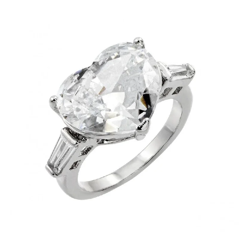 ladies ring set-Silver 925 Rhodium Plated Larger Clear CZ Heart Ring - BGR00844