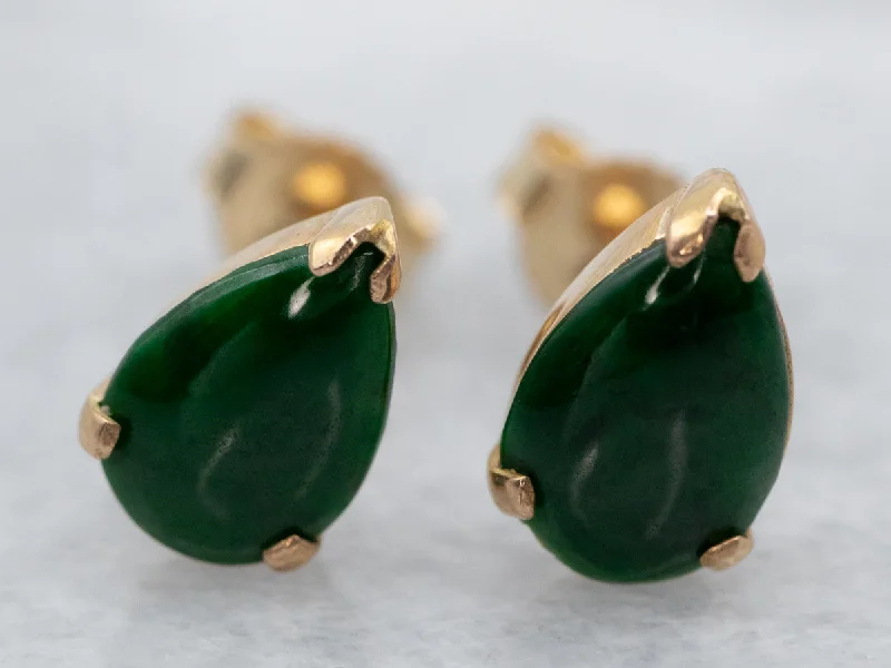 ladies earrings short-Teardrop Jadeite and Gold Stud Earrings